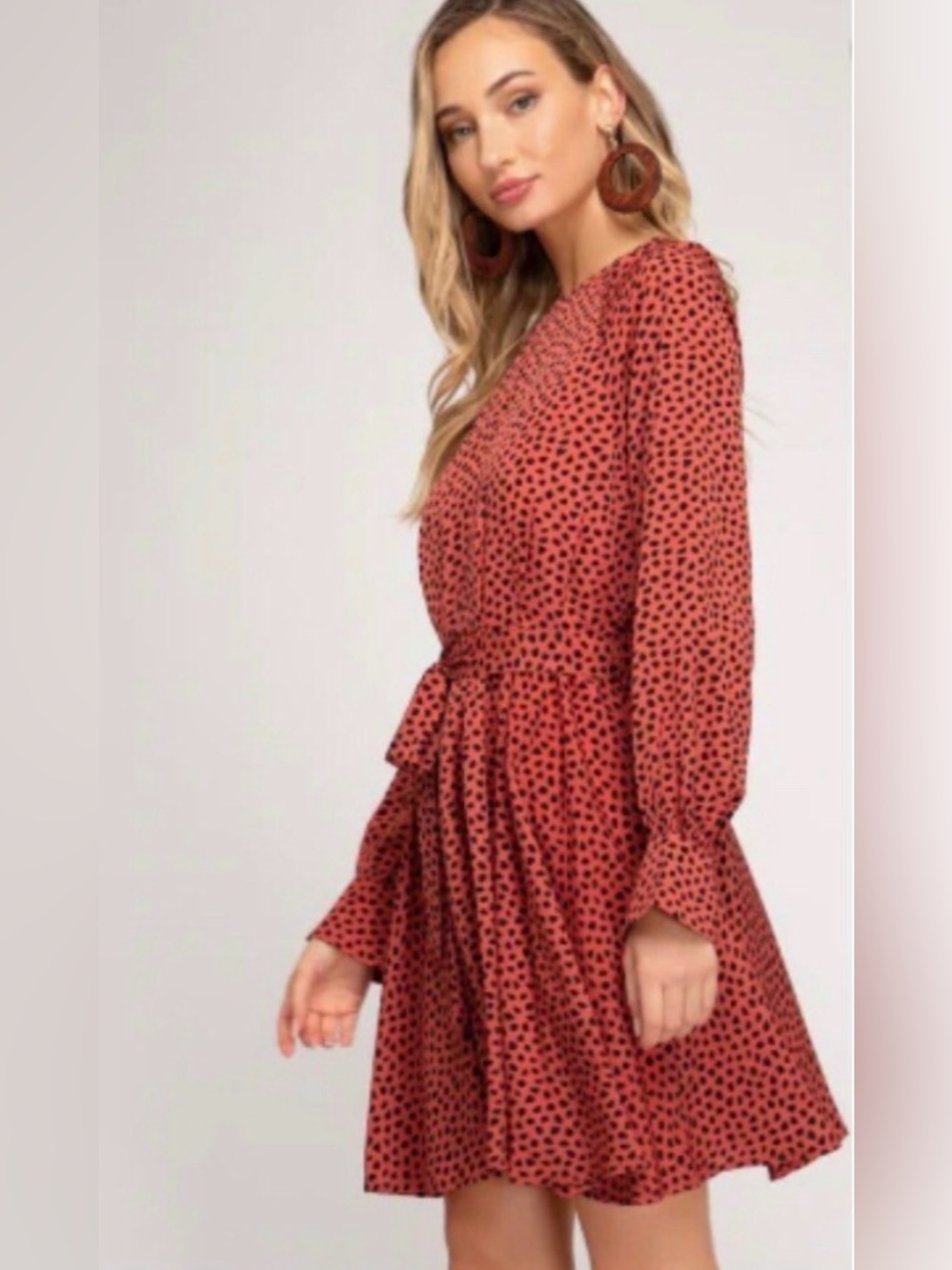 NWT She + Sky Coral and Black Patterned Long Sleeve Dress, Women’s Size Medium
